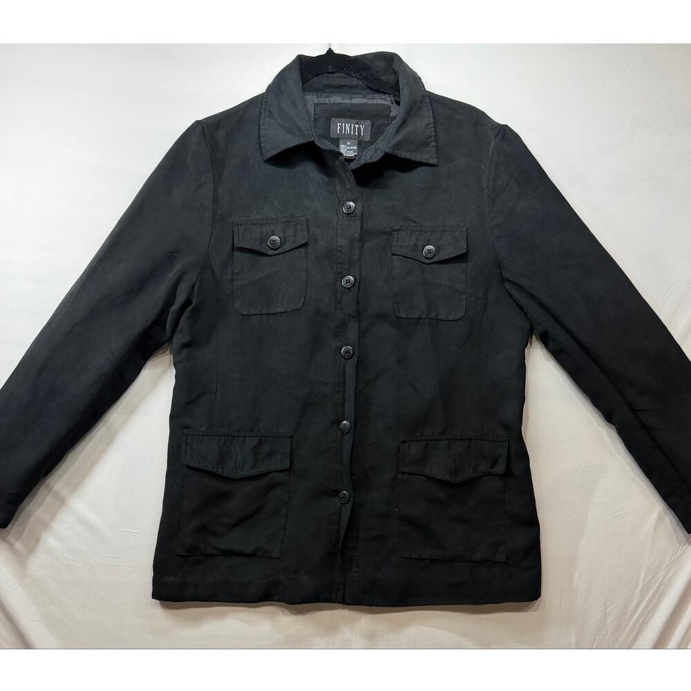 Vintage Finity Black Faux Suede Jacket Utility Pockets Minimalist- W Medium